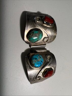 Native American Sterling Turquoise and Coral Watch Ends